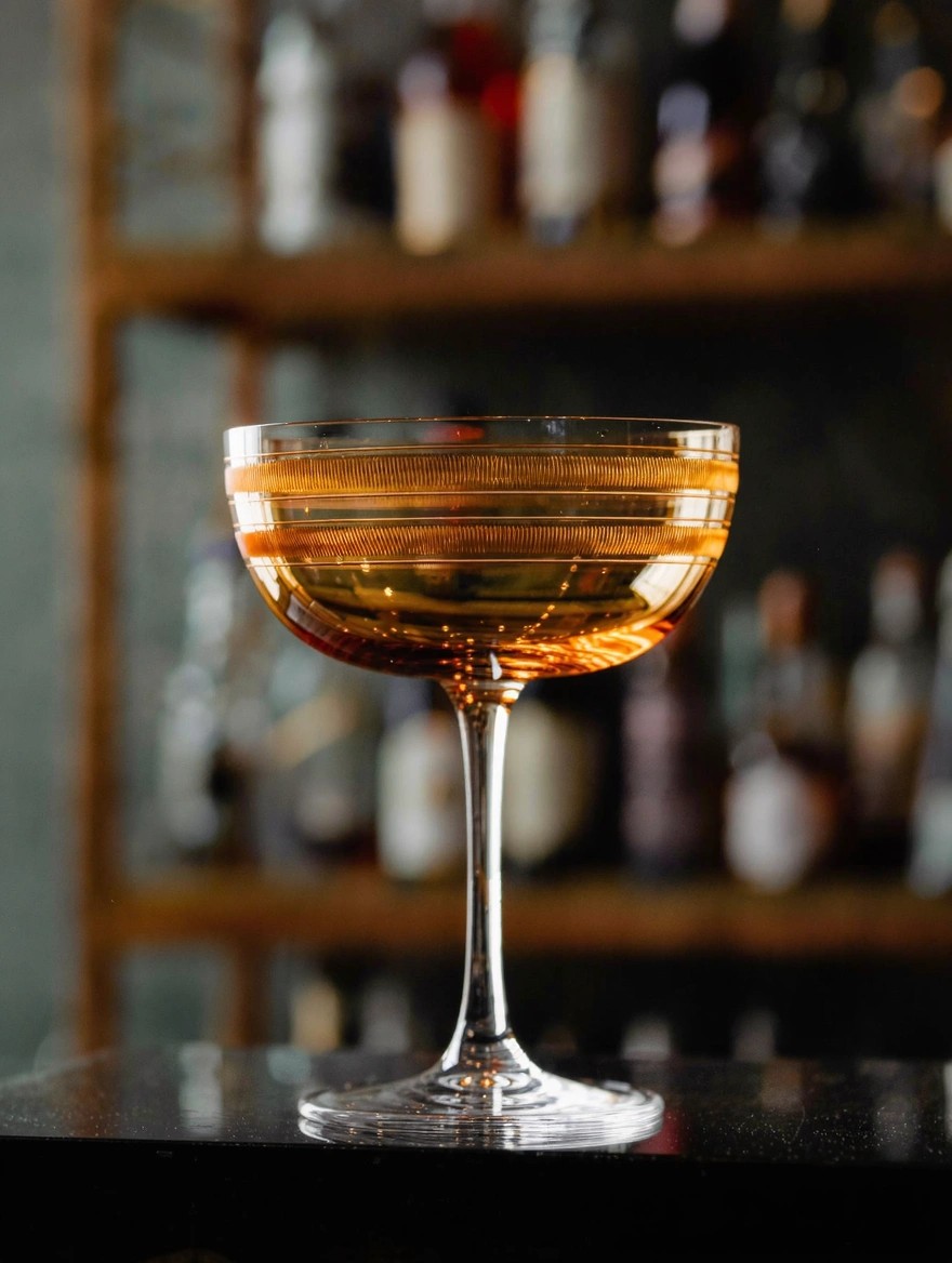Coupe wine glass with horizontal gold painted bands on the bowl, on a black bar surface with blurred liquor bottles behind.