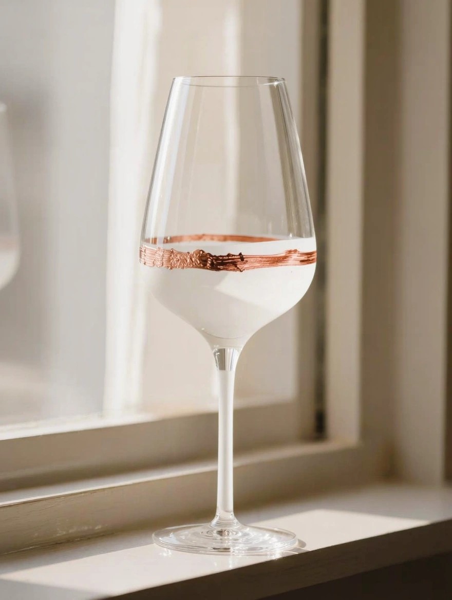 A tall clear wine glass with an opaque white painted bowl and ornate copper rim sits on a sunlit windowsill.