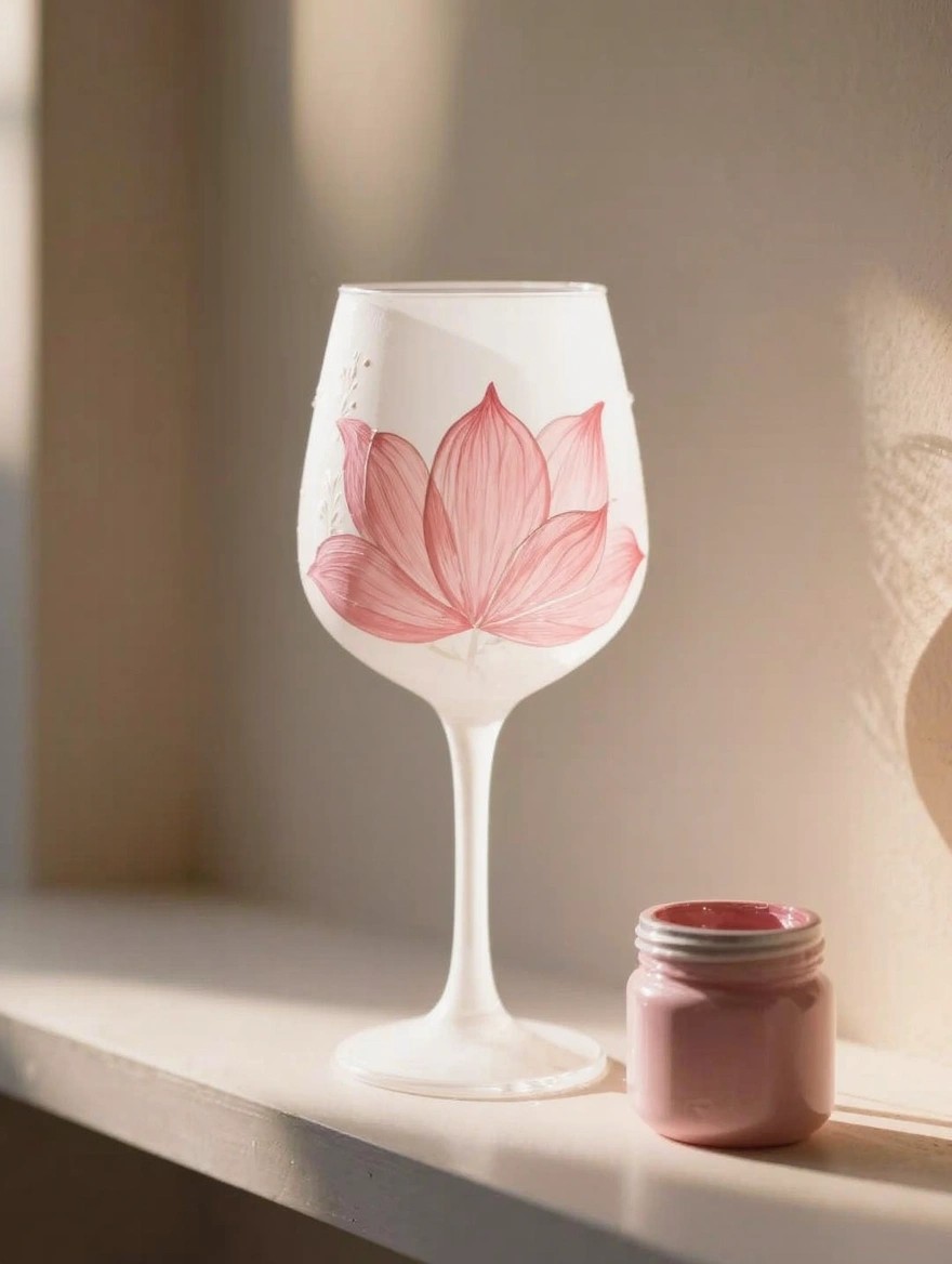 A clear wine glass with a hand-painted pink lotus flower on the bowl sits next to a small jar of pink paint on a windowsill.