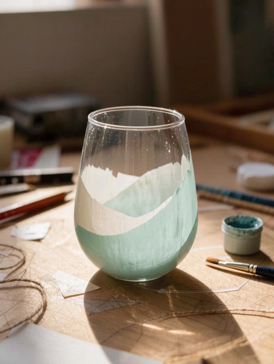 A stemless wine glass painted with white and teal mountain layers on the lower half sits on a wooden table amid paint brushes, jars, and supplies.