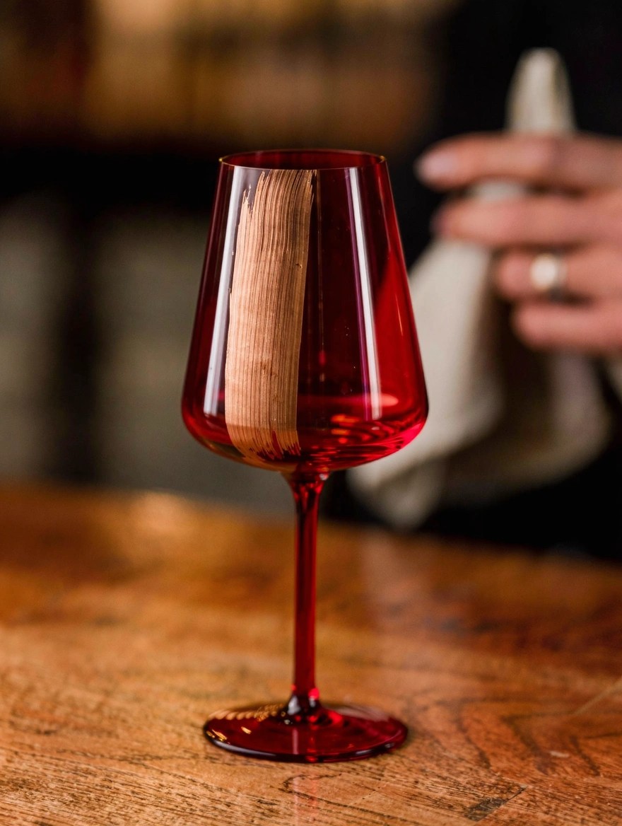 Red wine glass with a vertical brownish wood-grain painted stripe on the bowl, next to a hand holding a white napkin on a wooden surface.