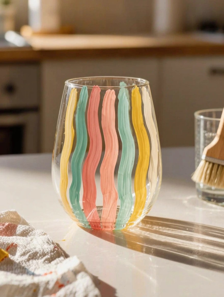 Clear stemless wine glass with hand-painted wavy stripes in teal, pink, yellow, and peach, placed on a table near a plain glass, brush, and towel.