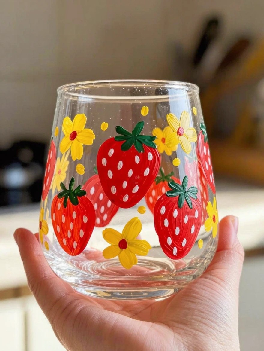Clear glass tumbler hand-painted with red strawberries, green leaves, and yellow daisies, held in a hand in a kitchen setting.