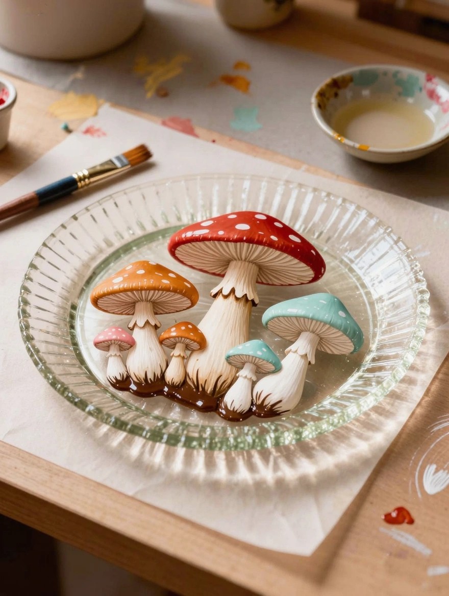 Clear scalloped glass plate painted with a cluster of colorful spotted mushrooms on a craft table surrounded by paints and brushes.