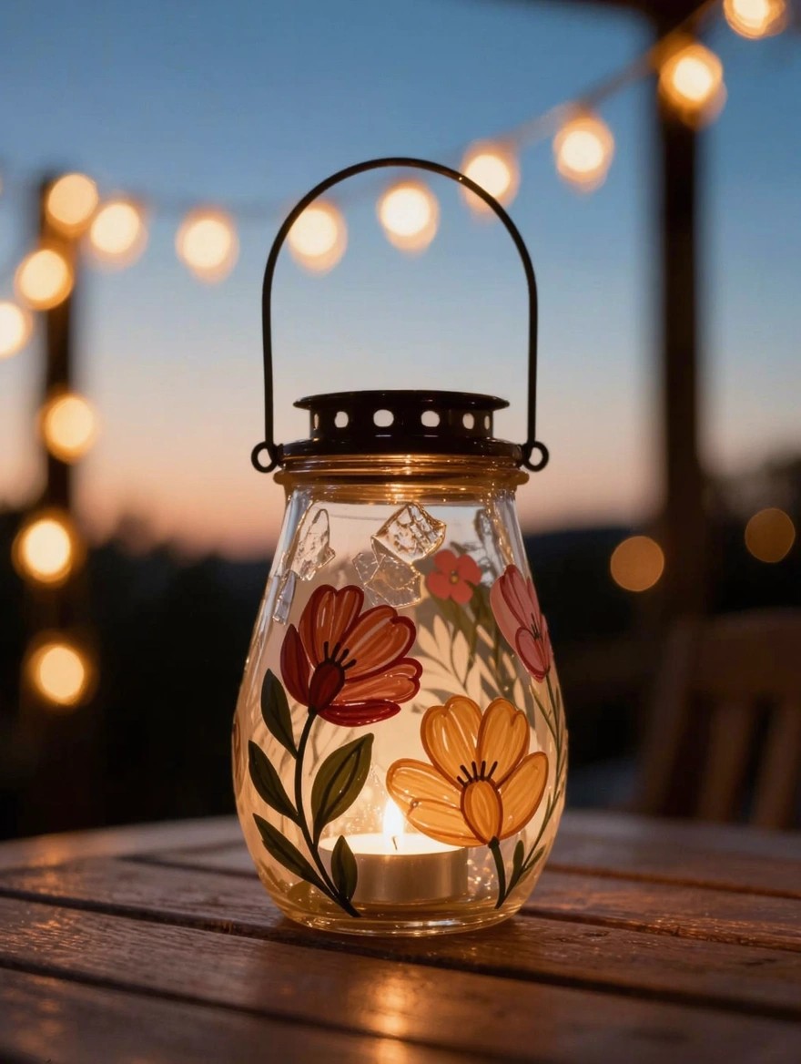 A clear glass lantern painted with colorful flowers and leaves holds a lit tealight candle on a wooden table, with string lights and dusk sky in the background.