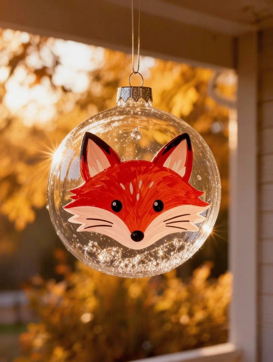 Clear glass Christmas ornament with a painted red fox face inside, filled with glitter, hanging outdoors against an autumn porch background.