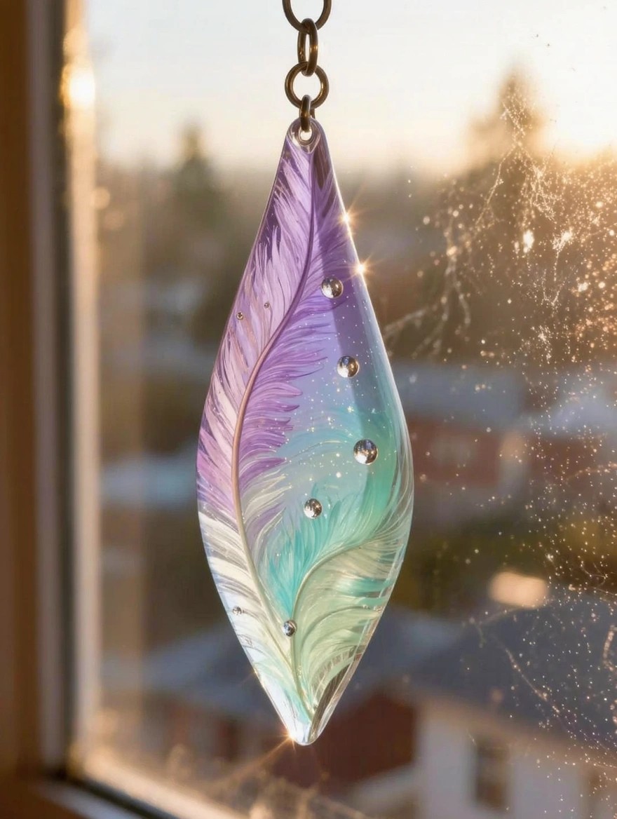 A teardrop-shaped painted glass sun catcher resembling a purple-to-teal feather with embedded silver beads hangs from a chain in a window, sparkling in sunset light.