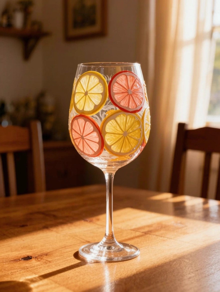 A clear stemmed wine glass with painted yellow lemon slices and pink orange slices around the bowl, placed on a wooden table with natural light.