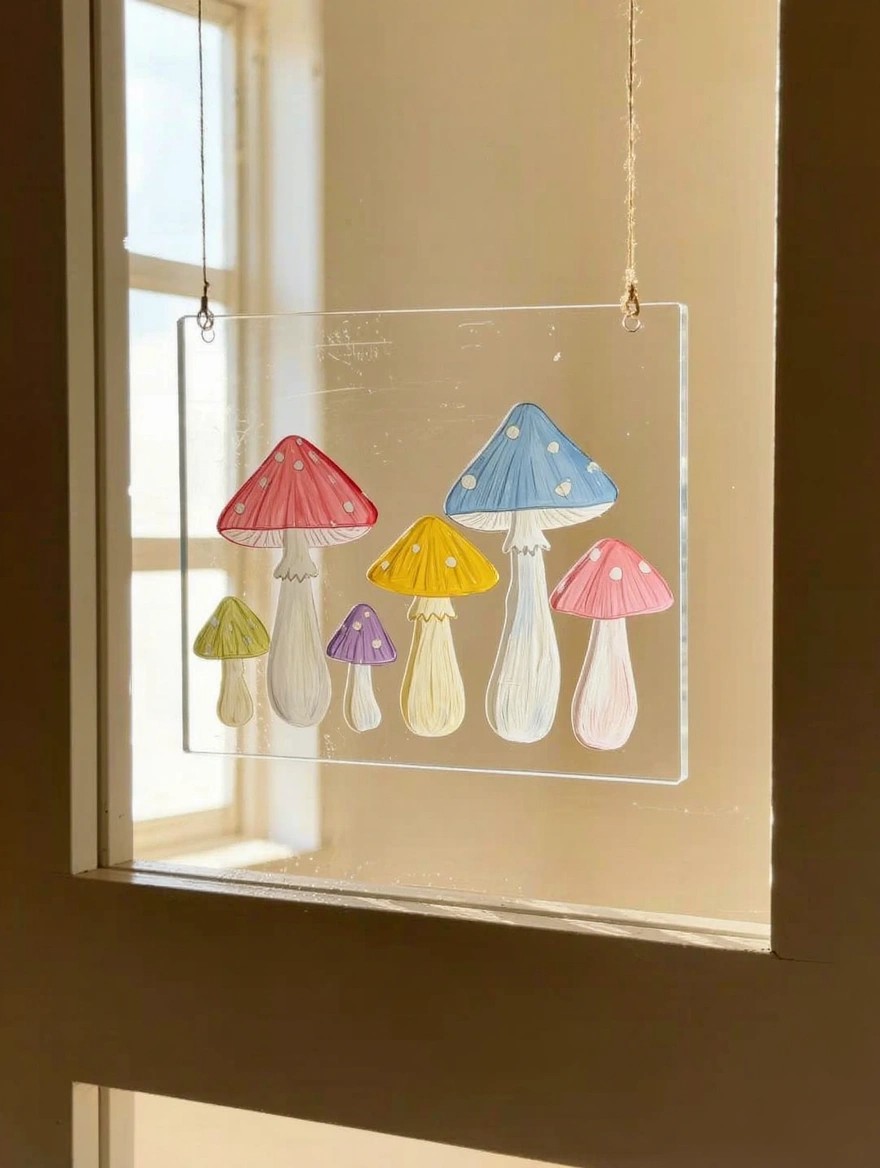 A clear rectangular glass panel painted with five colorful mushrooms in red, blue, yellow, green, and purple hangs by twine in a beige window frame.