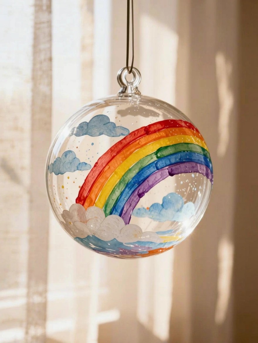 A transparent glass ball ornament painted inside with a rainbow, blue and white clouds, and yellow sparkles hangs from a string in front of sheer curtains.