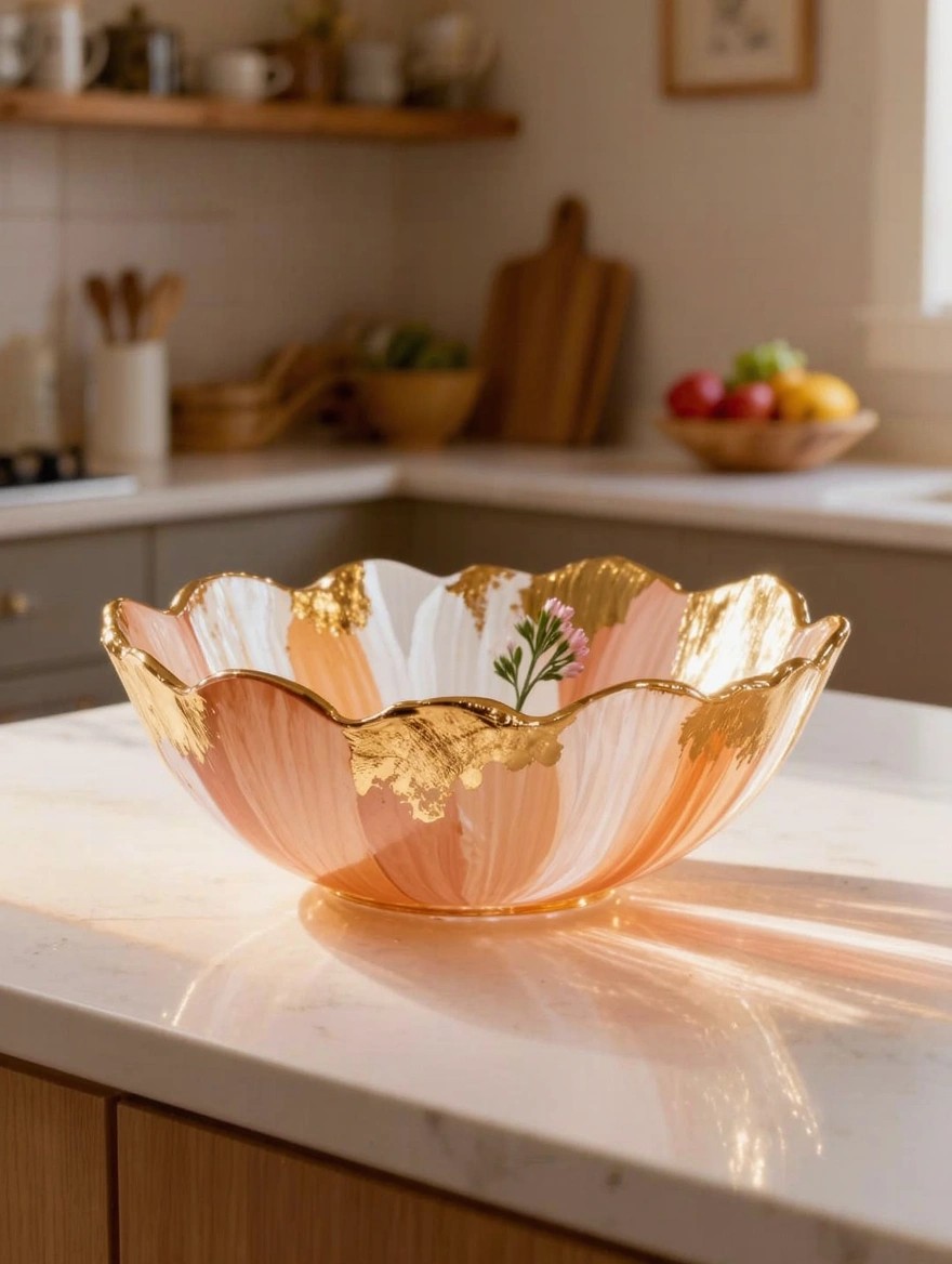 A translucent glass bowl with scalloped edges painted in peach, white, and gold wavy patterns sits on a kitchen counter holding a small pink flower sprig.