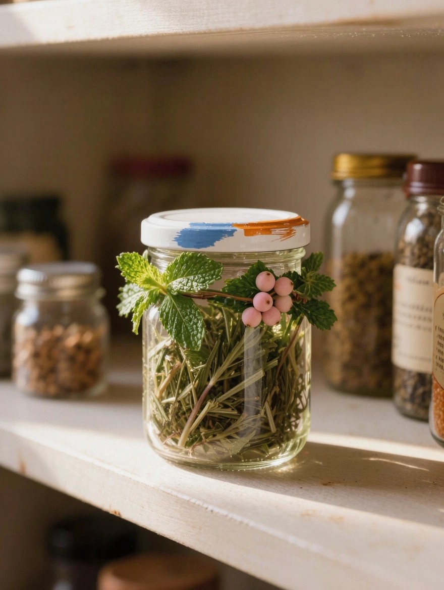 Clear glass storage jar filled with rosemary sprigs on a kitchen shelf, topped with a white lid streaked in blue and orange paint, and wrapped at the neck with mint leaves and pink berries.
