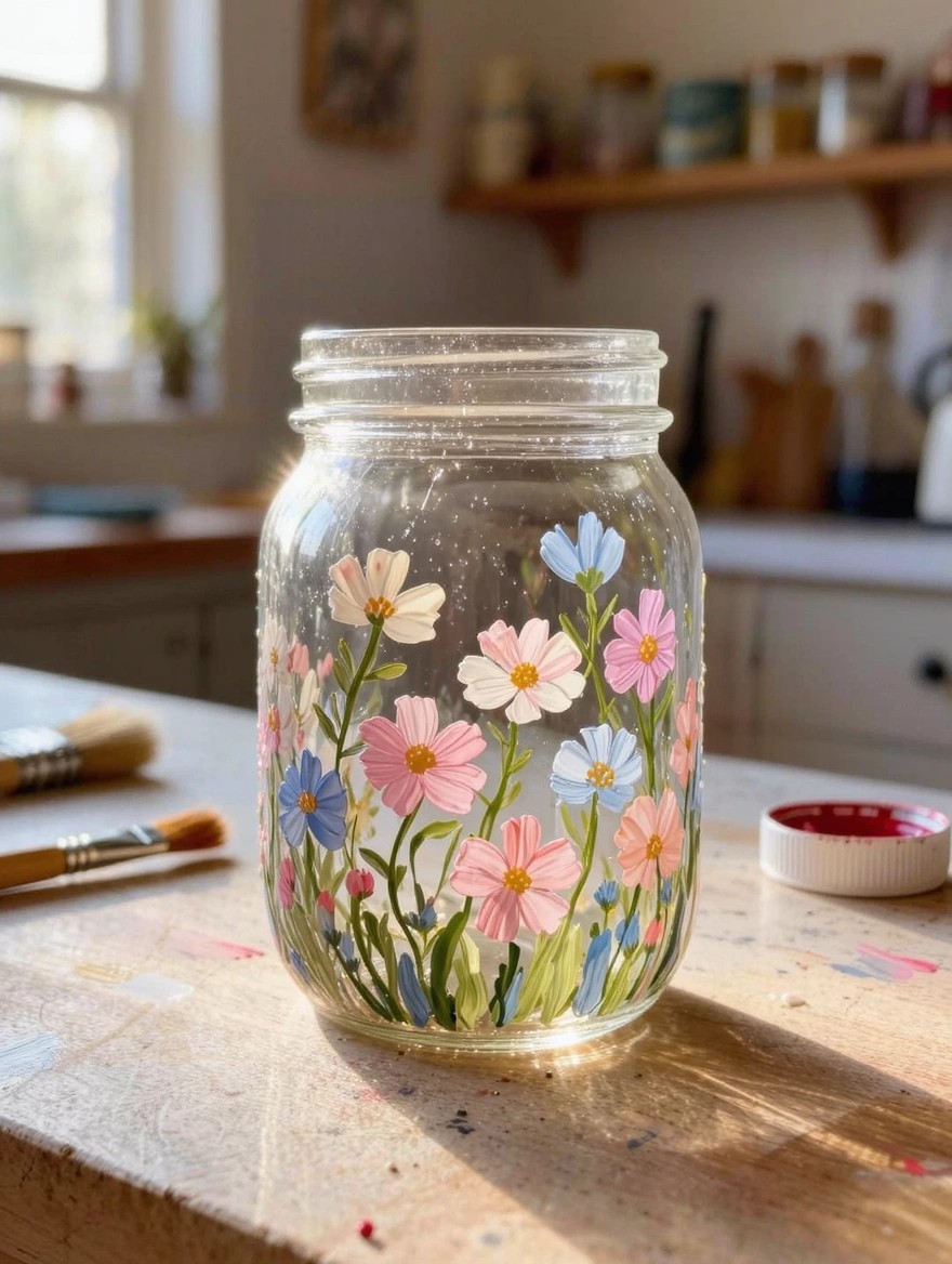A clear glass mason jar painted with pastel flowers in pink, white, blue, and green sits on a wooden table next to paintbrushes in a sunlit kitchen.