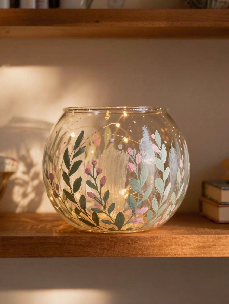 A transparent spherical glass bowl painted with pastel green leaves and pink buds on the exterior holds twinkling fairy lights and sits on a wooden shelf with books nearby.