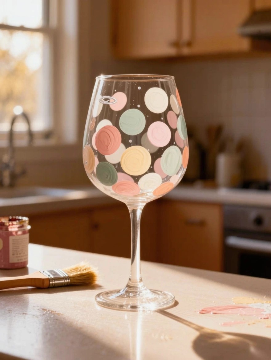 Clear stemmed wine glass with multicolored pastel polka dots painted on the bowl, paintbrush and pink paint jar nearby on a kitchen counter with paint splatters.