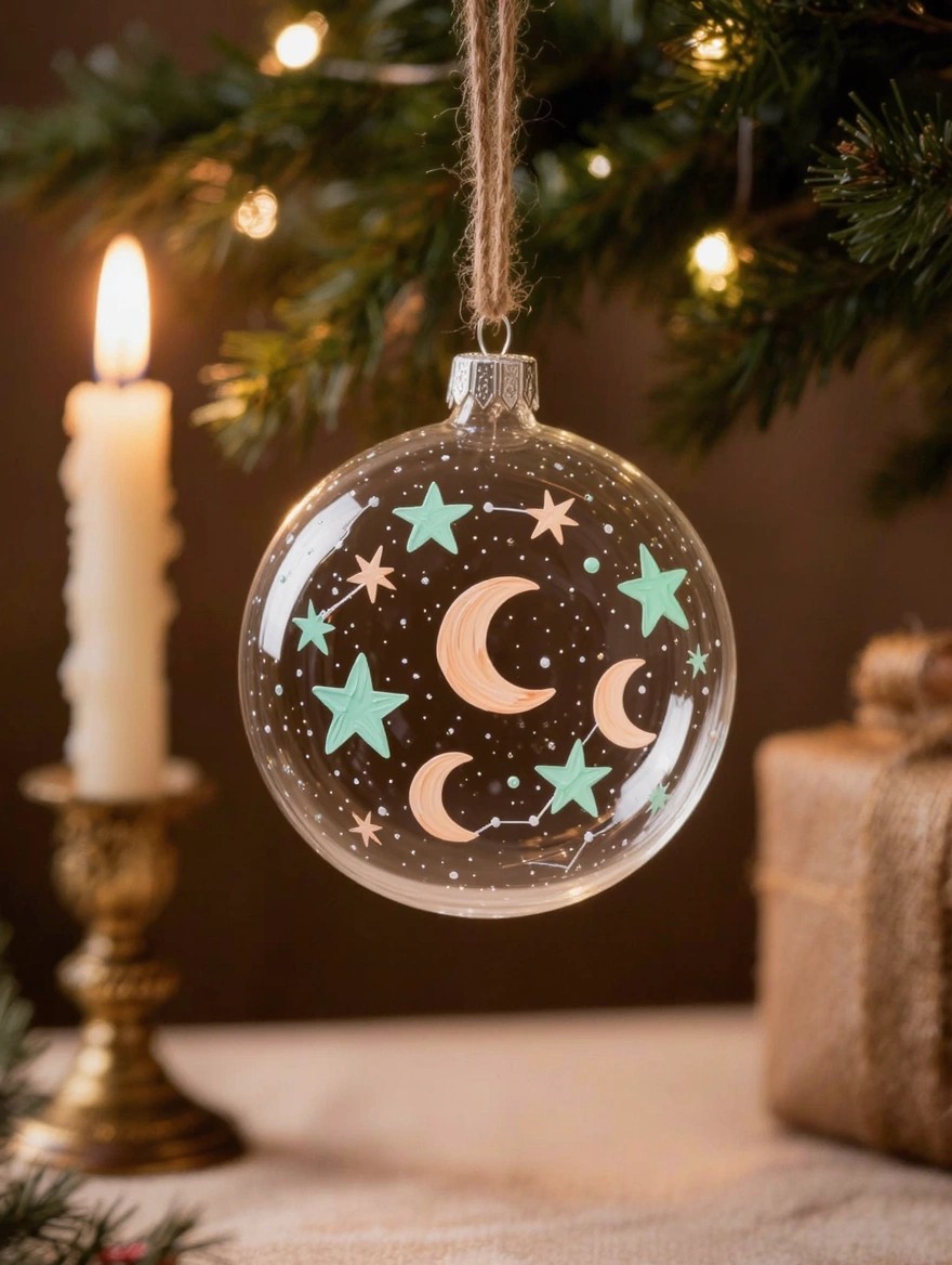 Clear glass Christmas bauble painted inside with teal stars, peach crescent moons, and faint constellations, hanging from twine on a tree branch beside a lit candle.