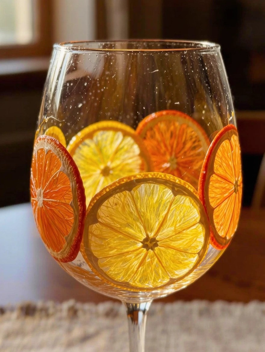 Clear stemmed wine glass with painted overlapping orange and lemon slices around the bowl.