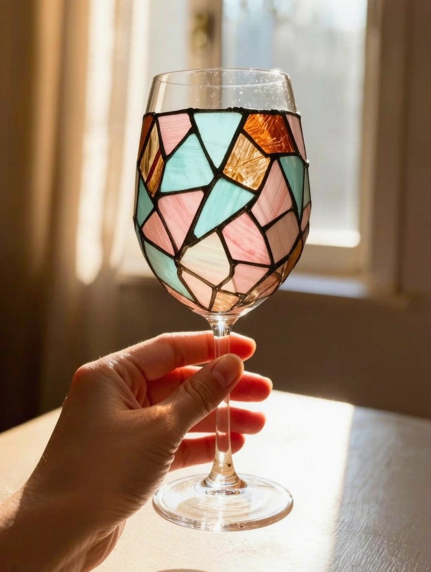 A hand holds a clear wine glass with the bowl painted in colorful geometric triangles resembling stained glass, set on a table by a sunny window.