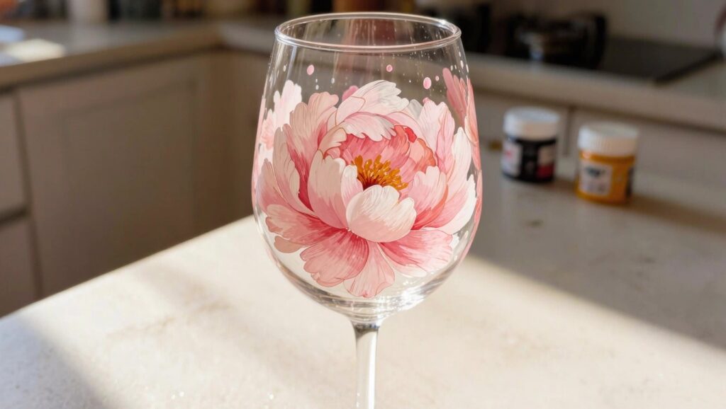 22 Creative Wine Glass Painting Ideas That Look Surprisingly Professional Painted stemmed wine glass with pink, orange, and white abstract petal designs and red paint drips from the rim, paint jars nearby, pink petals on the table.