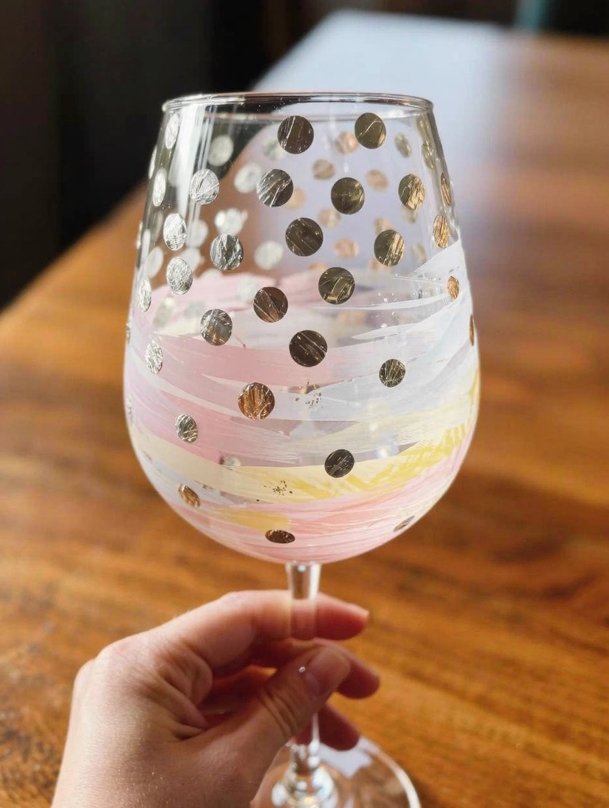 A hand holds a stemmed wine glass painted with metallic gold dots and pastel pink, yellow, and white stripes on the bowl.