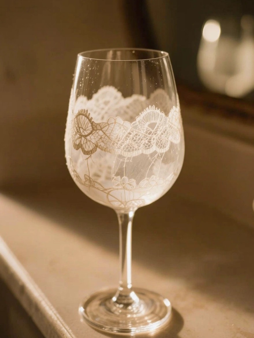 Clear wine glass with white painted lace patterns covering the bowl, on a wooden surface with warm lighting and a mirror reflection in the background.