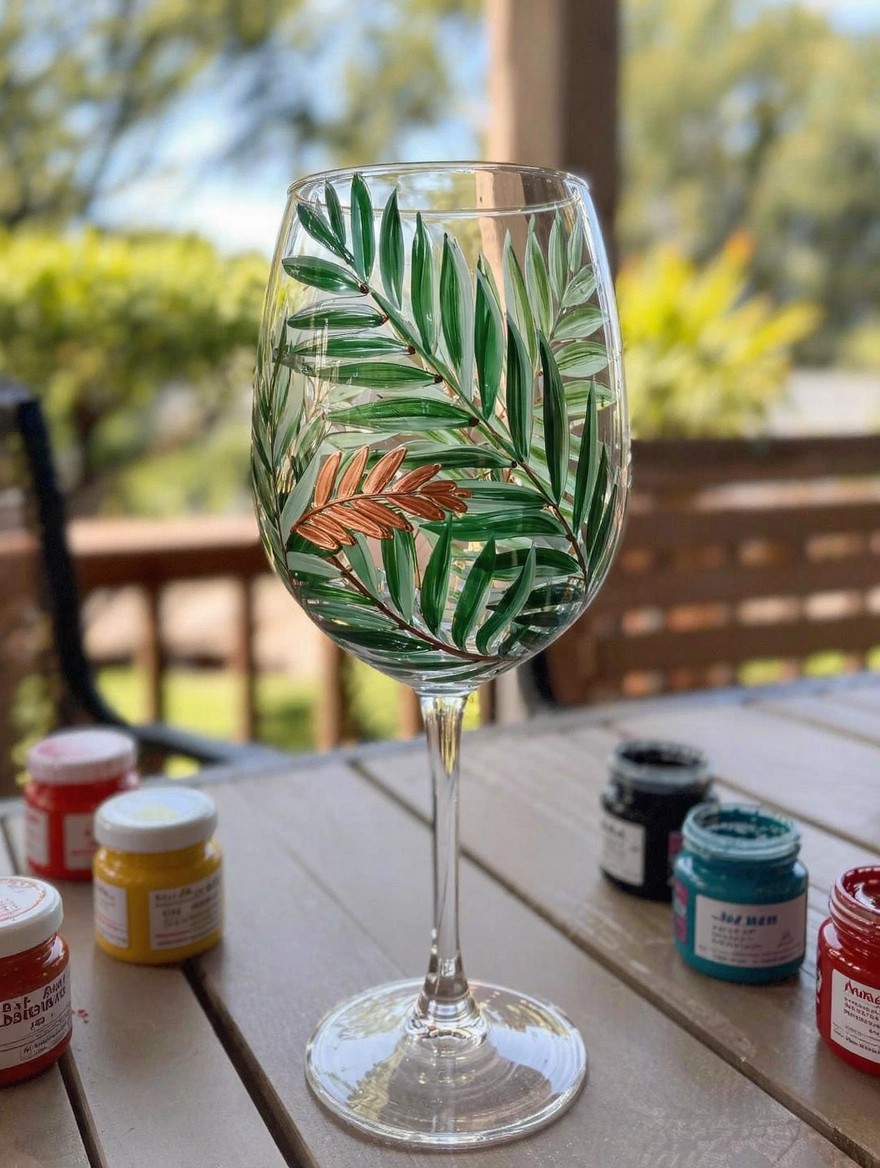 A clear stemmed wine glass painted with green palm fronds and copper accents sits on a wooden table next to colorful paint jars.