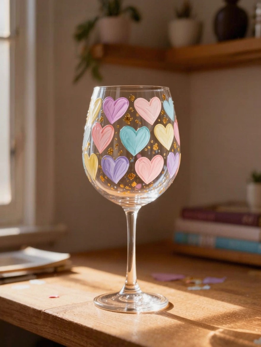 A stemmed wine glass with its bowl painted in multicolored pastel hearts and gold glitter flecks sits on a wooden table in natural light.