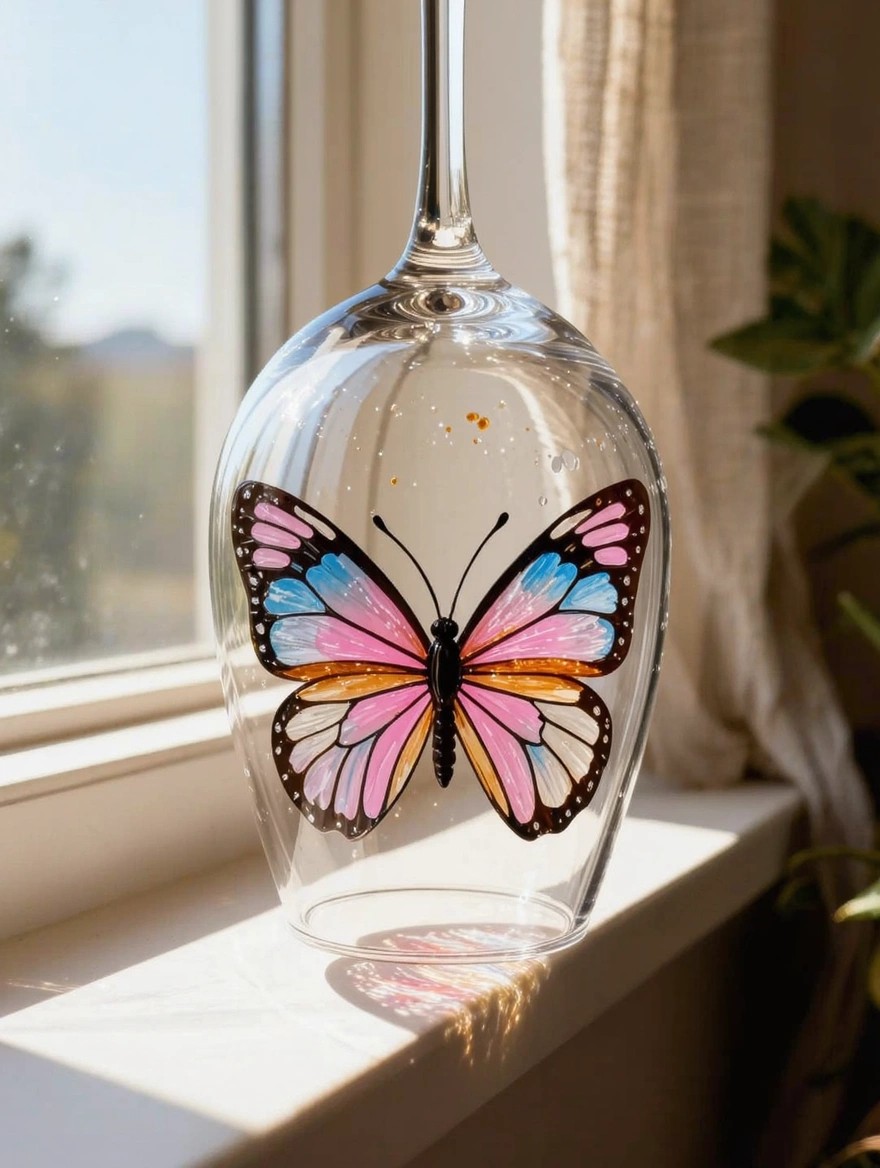 A clear wine glass with a hand-painted multicolored butterfly on the bowl sits empty on a sunlit windowsill.