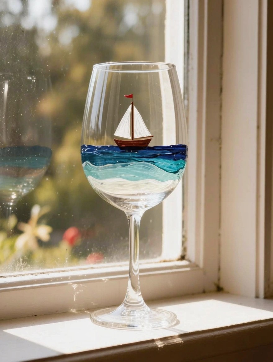 Clear stemmed wine glass painted with a small sailboat on gradient blue waves at the base, sitting on a windowsill with garden view outside.