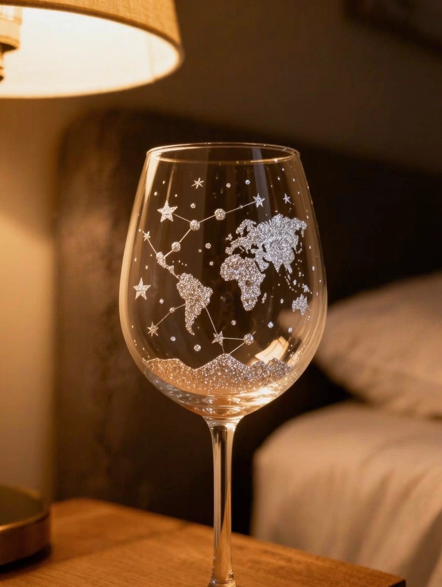 Clear stemmed wine glass with silver glittery painting of stars, constellation lines, world map continents, and mountains on a bedside table under lamp light.