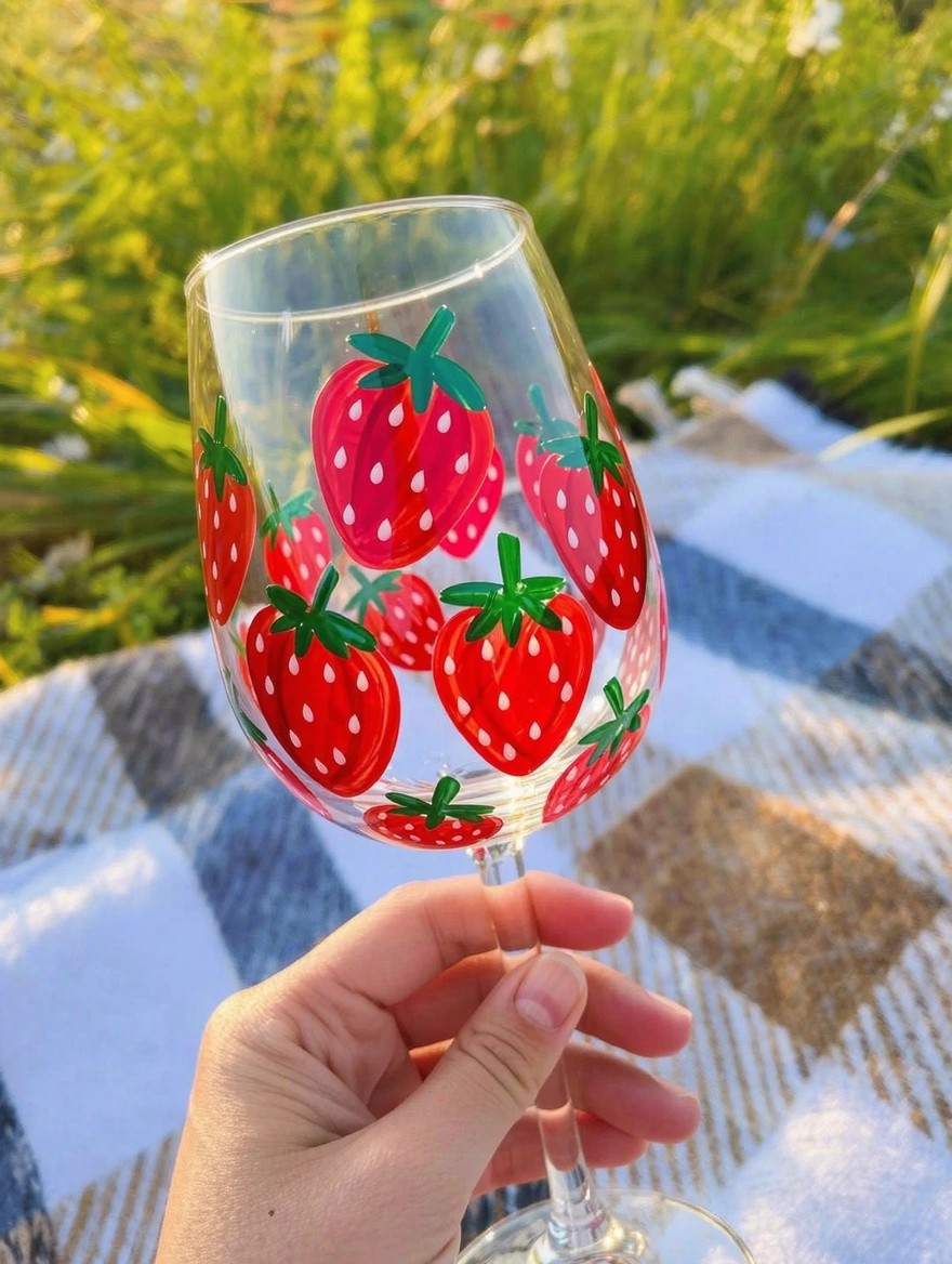 A hand holds a clear stemmed wine glass painted with multiple red strawberries and green leaves over a checkered picnic blanket in green grass.