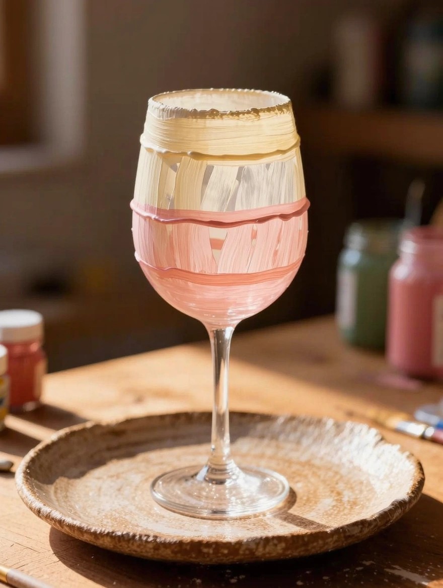 Clear wine glass with yellow, white, and pink painted horizontal stripes around the bowl on a wooden plate with paints and brushes nearby.