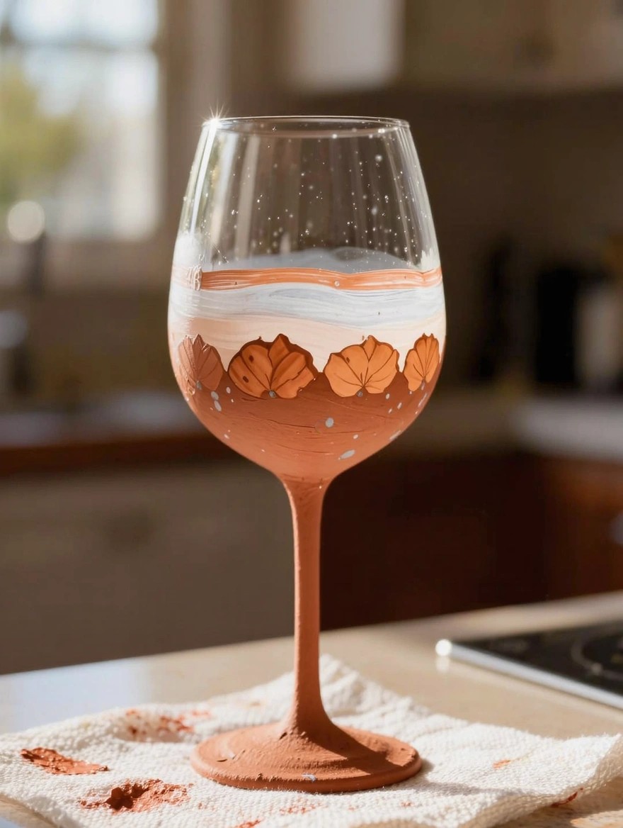 A terracotta-painted wine glass with orange fall leaves, white inner stripes, and dots sits on a cloth dusted with clay residue in a kitchen setting.