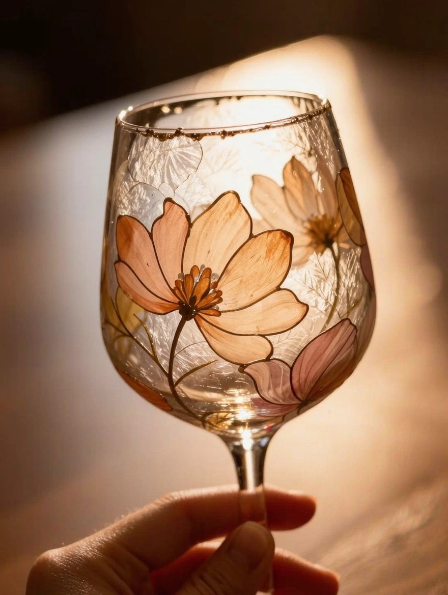 A hand holds a clear stemmed wine glass painted with translucent peach-pink peony flowers and gold rim detailing against a wooden surface with warm backlighting.