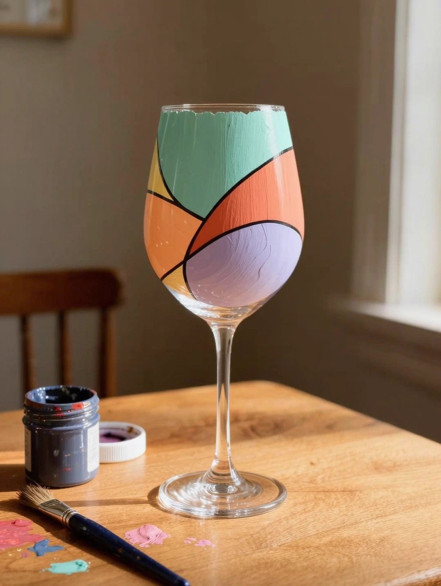 A clear stemmed wine glass painted with overlapping geometric shapes in teal, yellow, orange, and purple sits on a wooden table beside paint jars and a brush.