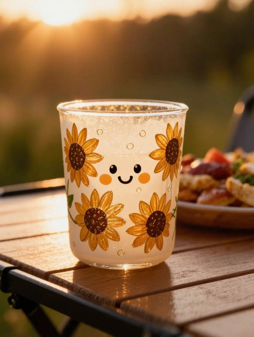 Clear glass tumbler painted with cute sunflower faces and leaves sits on a wooden table at sunset next to a plate of food.