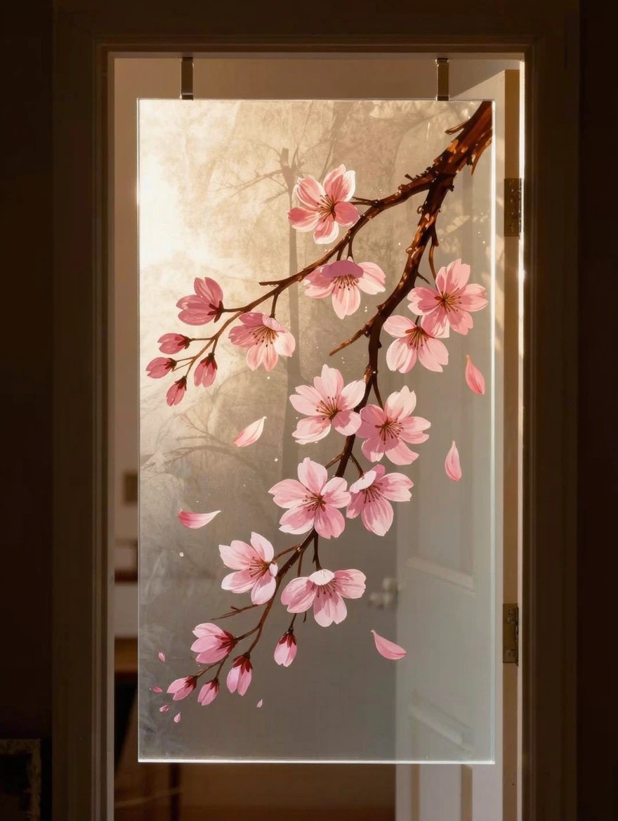 A tall rectangular frosted glass panel painted with a pink cherry blossom branch hangs in an open wooden door frame.