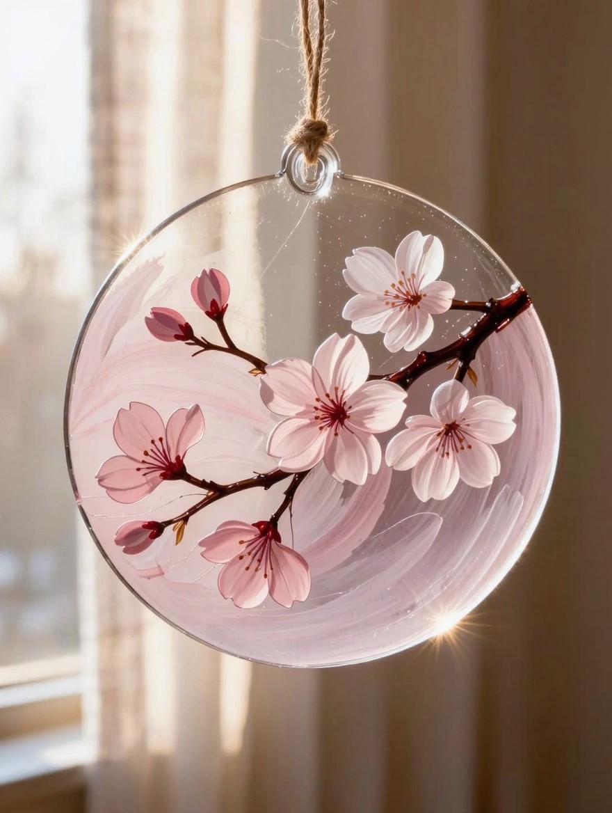 A round transparent glass disc painted with pink and white cherry blossoms hangs by rope near a window with sunlight shining through.
