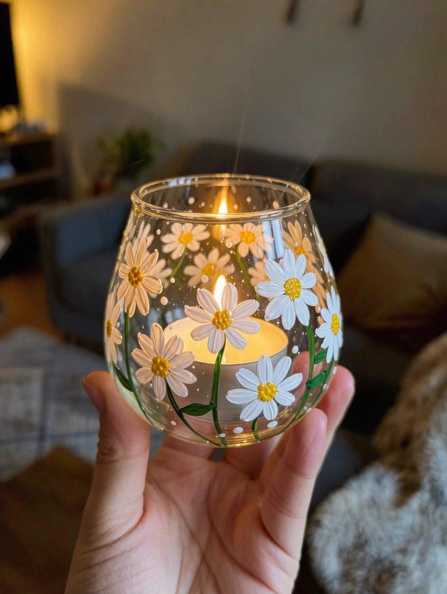 Hand holds a lit bulbous glass candle holder painted with white daisies, green stems, and yellow centers in a cozy living room.