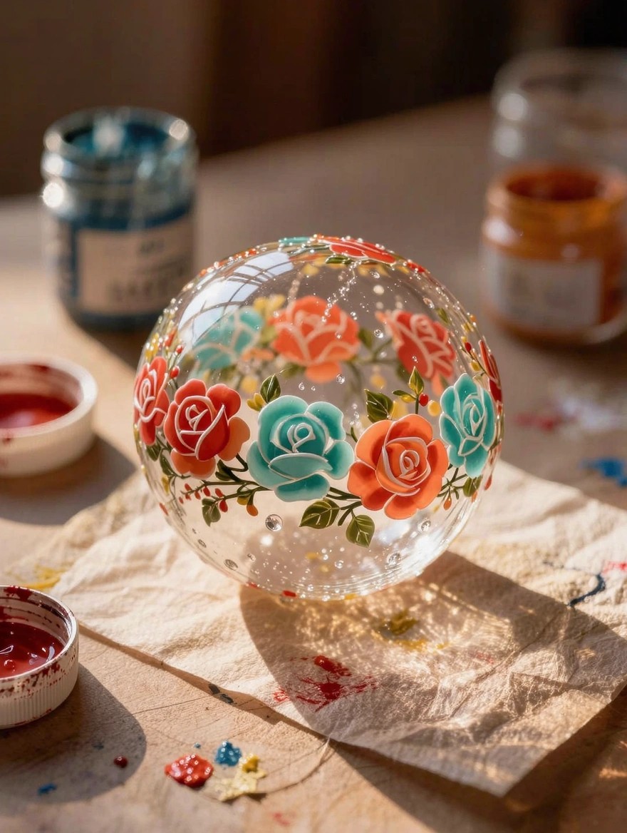 Clear glass sphere painted with multicolored roses and leaves on a workspace with surrounding paint jars and spills.