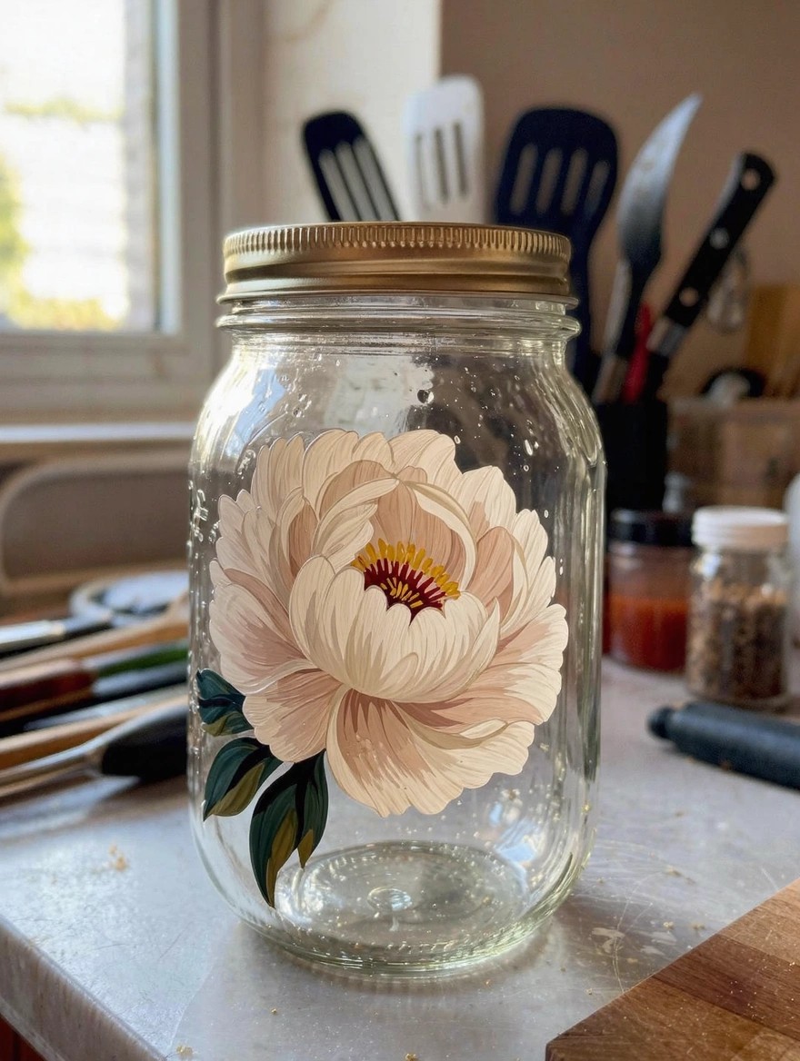 Clear glass mason jar with gold lid painted with a large detailed peony flower in pale tones and green leaves on a kitchen counter amid utensils.