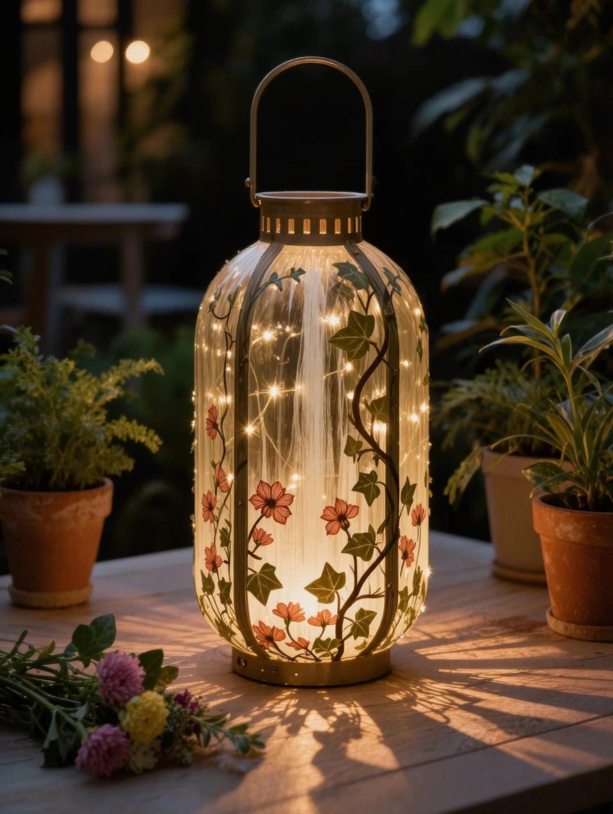 A tall glass lantern painted with green ivy vines and pink flowers sits on a wooden table with fairy lights inside, surrounded by potted plants and fresh flowers.