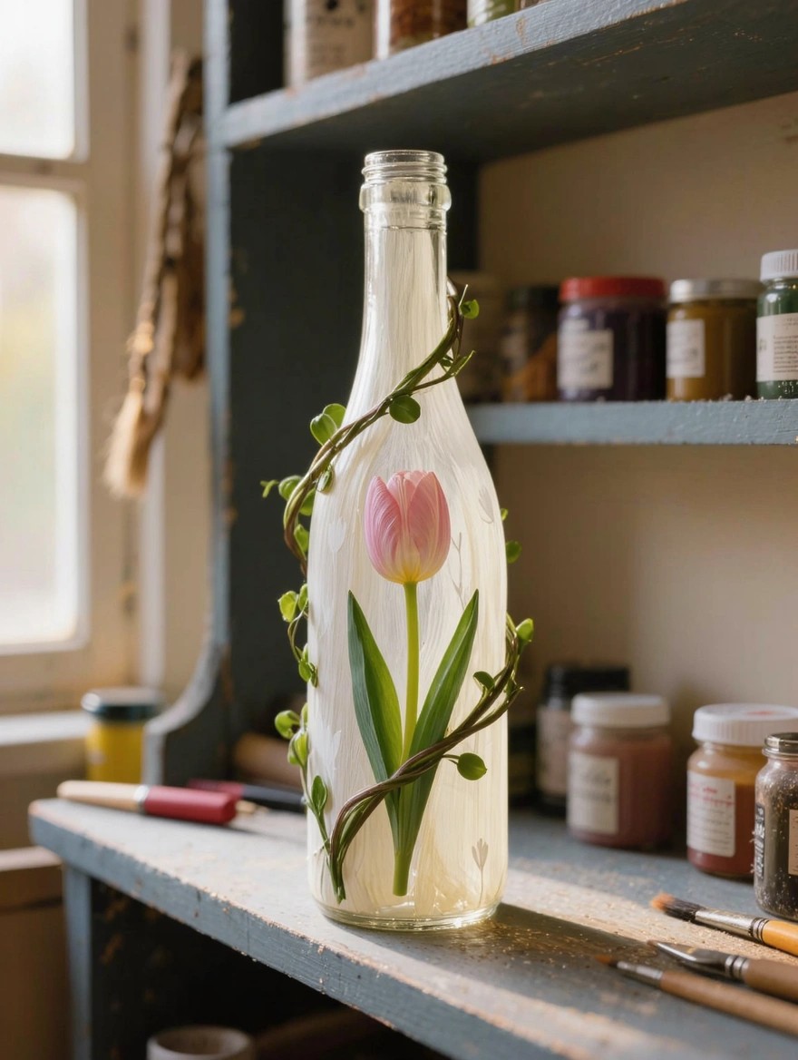 Clear glass bottle painted with pink tulip, green stems, and twining vines stands on a wooden surface amid art supplies and jars.