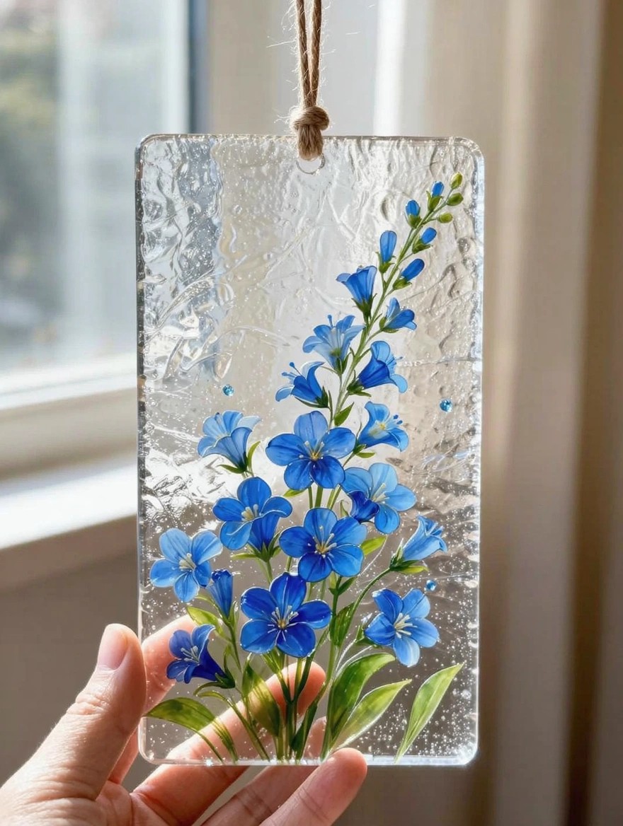 Rectangular frosted glass panel painted with a vertical cluster of blue delphinium flowers and green stems, hanging from string and held in hands near a window.