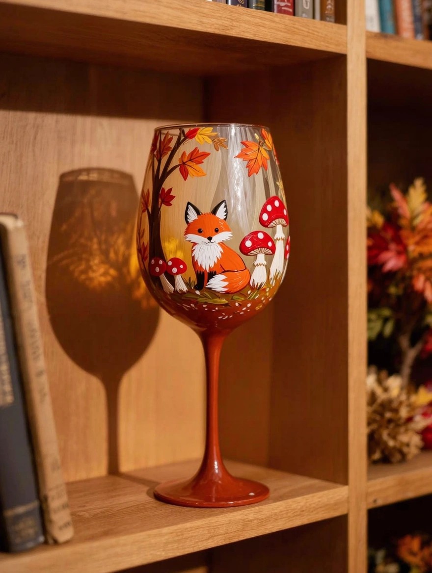 A stemmed wine glass hand-painted with an orange fox, mushrooms, and autumn leaves sits on a wooden bookshelf amid books and fall decor.