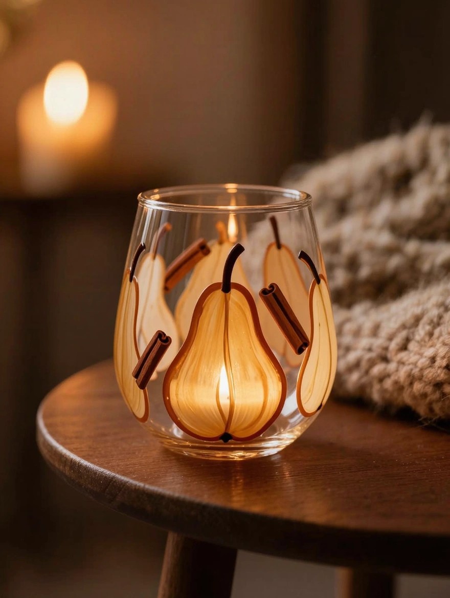 A stemless glass tumbler painted with orange pears and cinnamon sticks holds a glowing tealight candle on a wooden table next to a knit blanket.