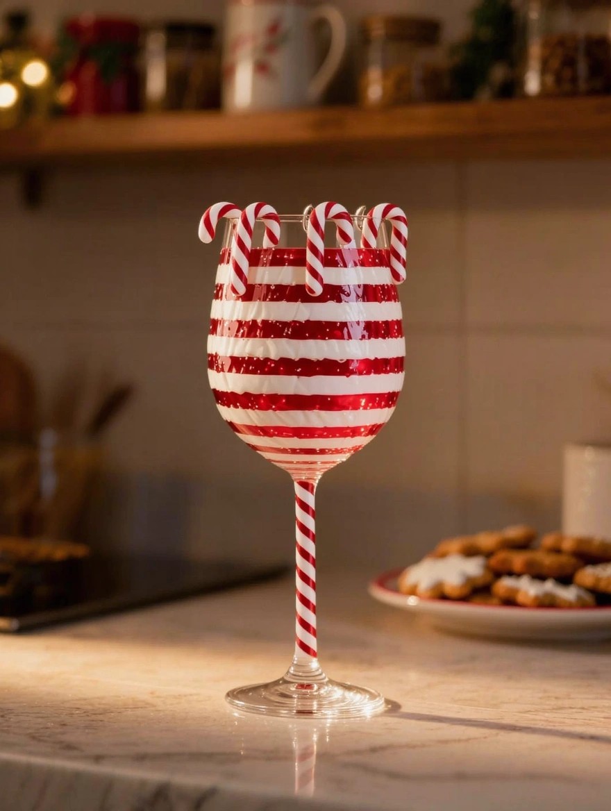 Red and white striped painted wine glass topped with candy cane stirrers, on a marble counter near holiday cookies and kitchen decor.