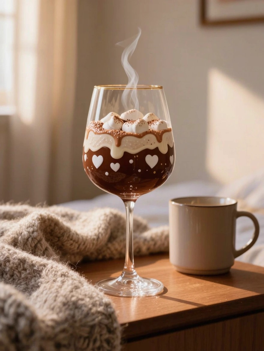 A wine glass painted to resemble hot chocolate topped with marshmallows, whipped cream, and heart motifs sits on a bedside table beside a mug and blanket.