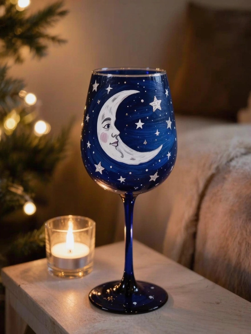 Hand-painted navy blue wine glass with white crescent moon face and starry accents on the bowl and stem, placed on a wooden table beside a lit candle with blurred Christmas tree lights in the background.