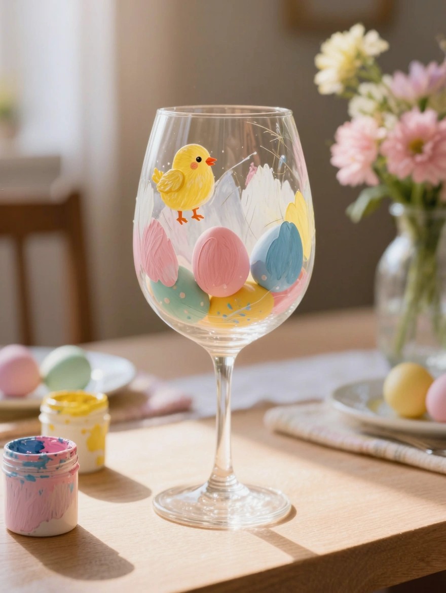 Clear stemmed wine glass painted inside the bowl with colorful pastel eggs and a yellow chick on the side, paint jars nearby on a table.